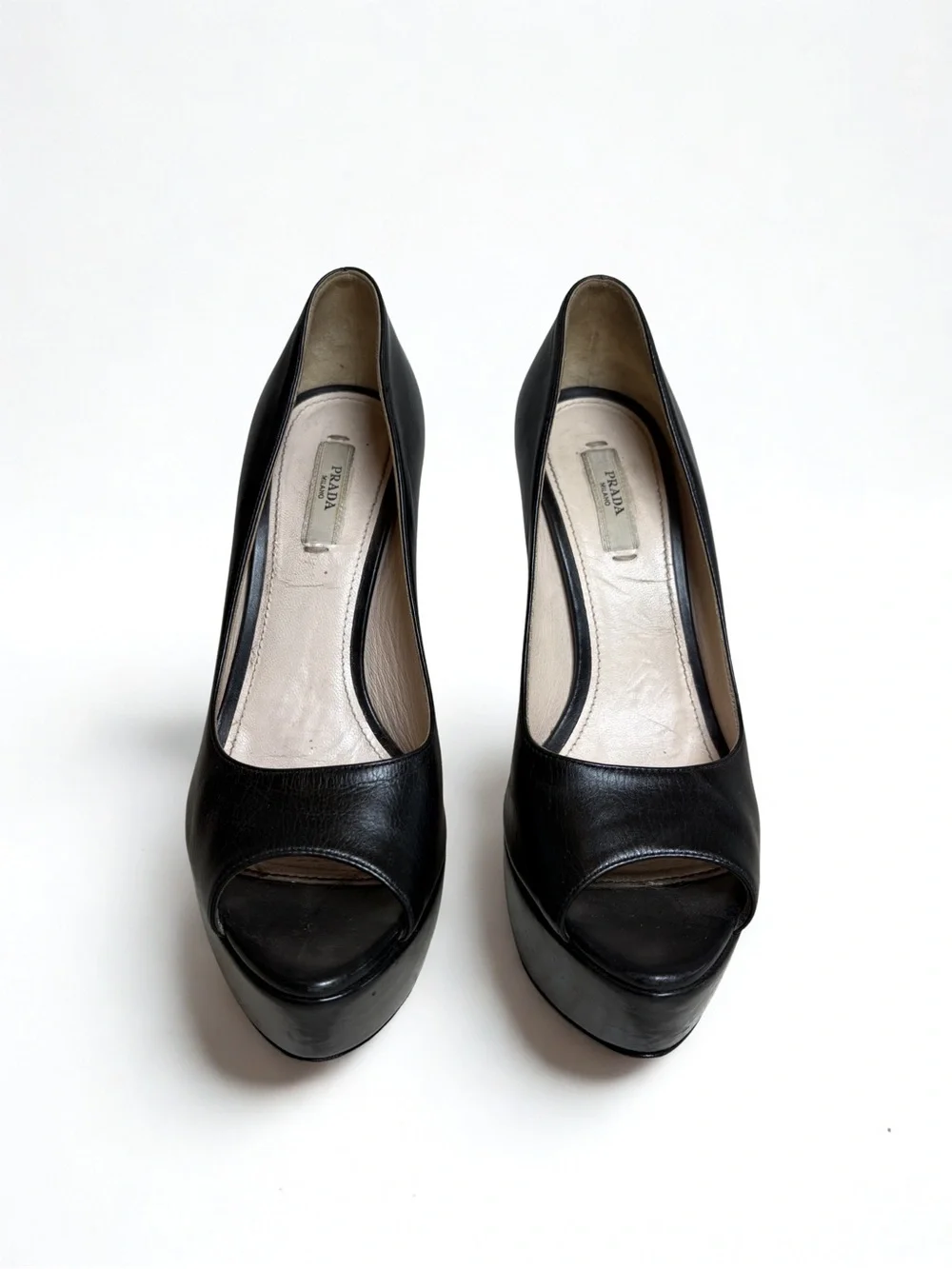 Prada Black Leather Peep-Toe Platform Pumps